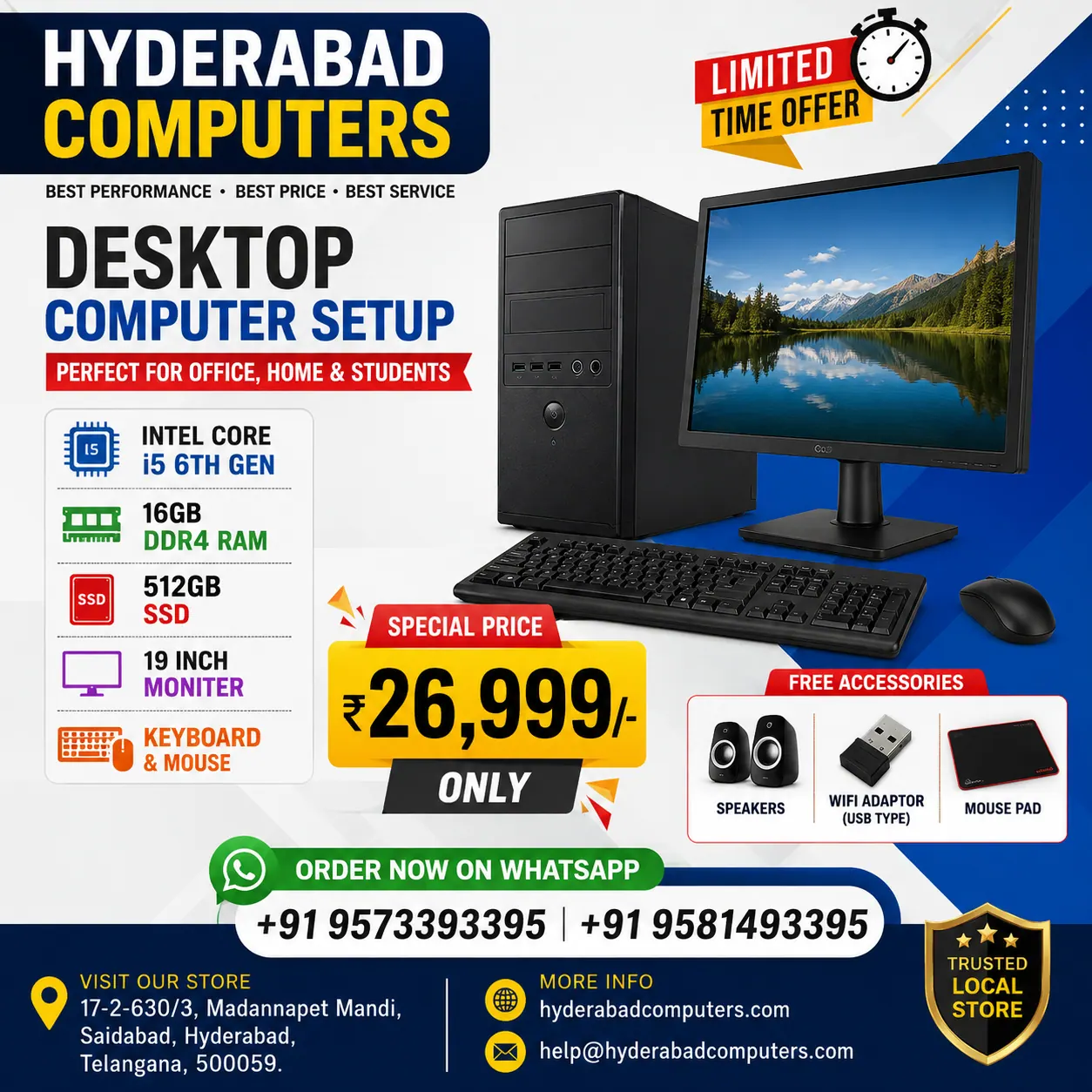 HYDERABAD COMPUTERS COMPLETE PC SET - Core i5 6th Gen (16GB/512GB)