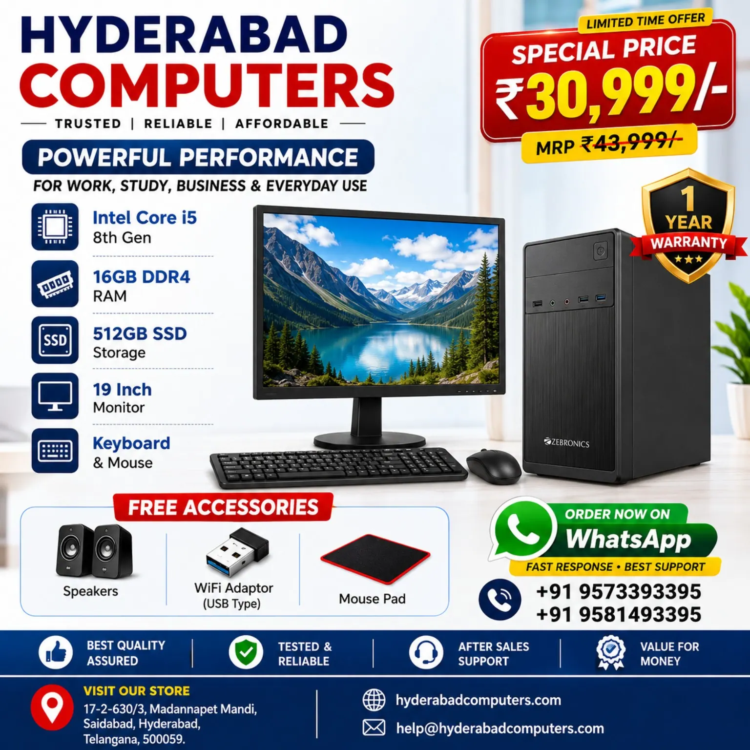 HYDERABAD COMPUTERS COMPLETE PC SET - Core i5 8th Gen (16GB/512GB)