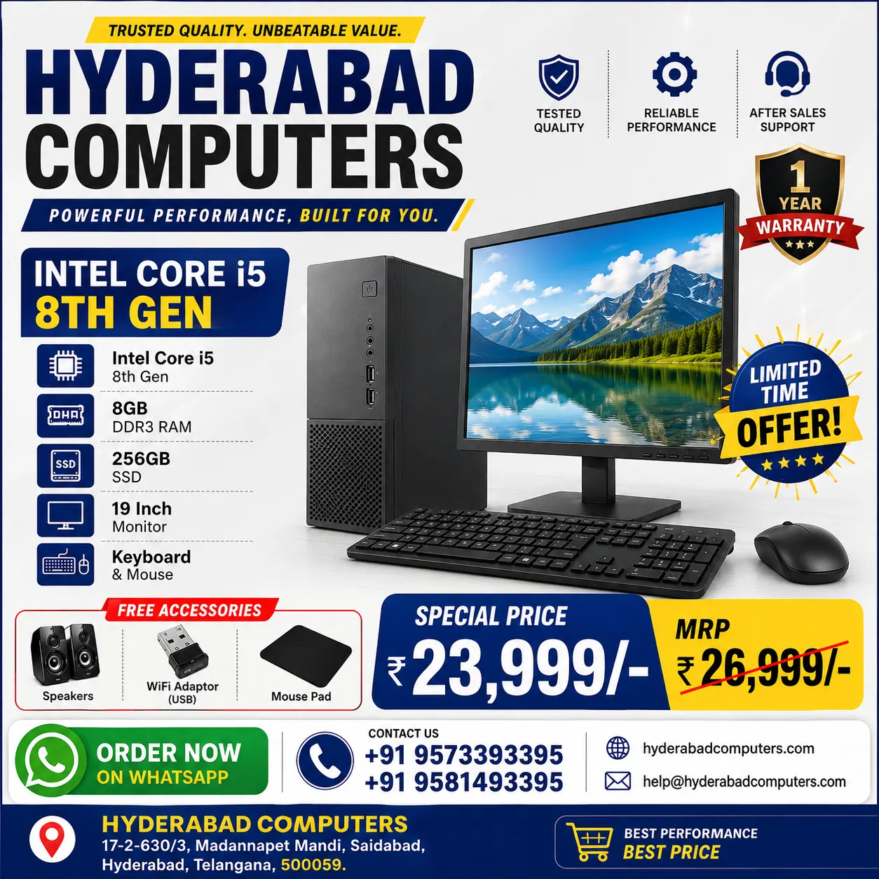 HYDERABAD COMPUTERS COMPLETE PC SET - Core i5 8th Gen